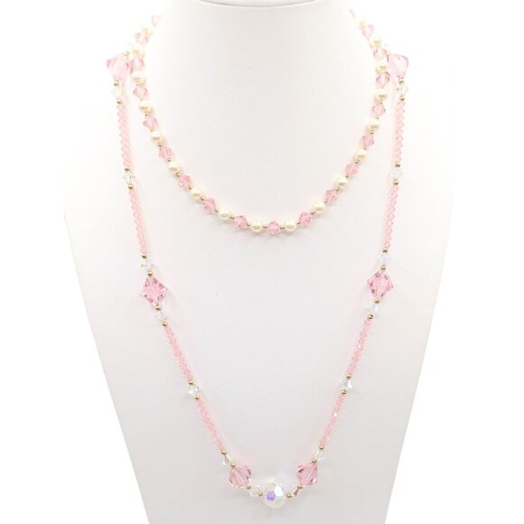 Pale Pink Crystal Bead Faux Pearl Necklace Set Of 2 14K Gold Fill Clasps 16" 27" - Picture 1 of 8